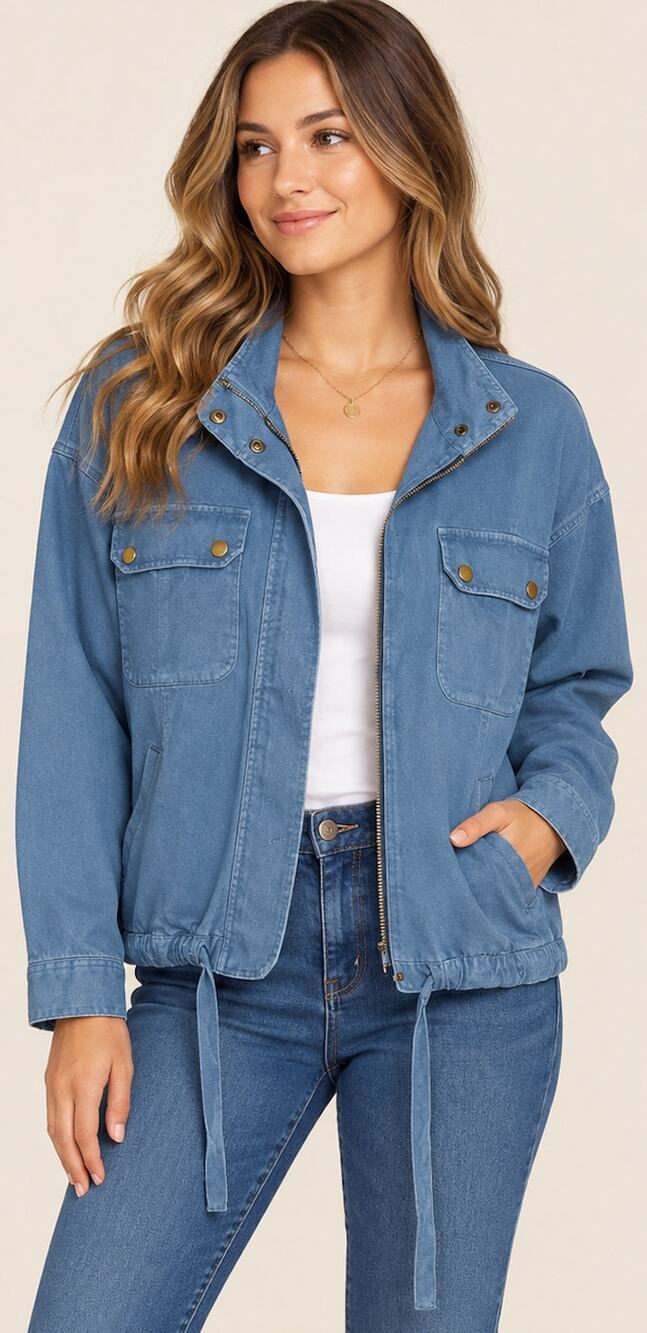 Lucky Brand Denim Utility Jacket Drawstring Hem Blue Size L